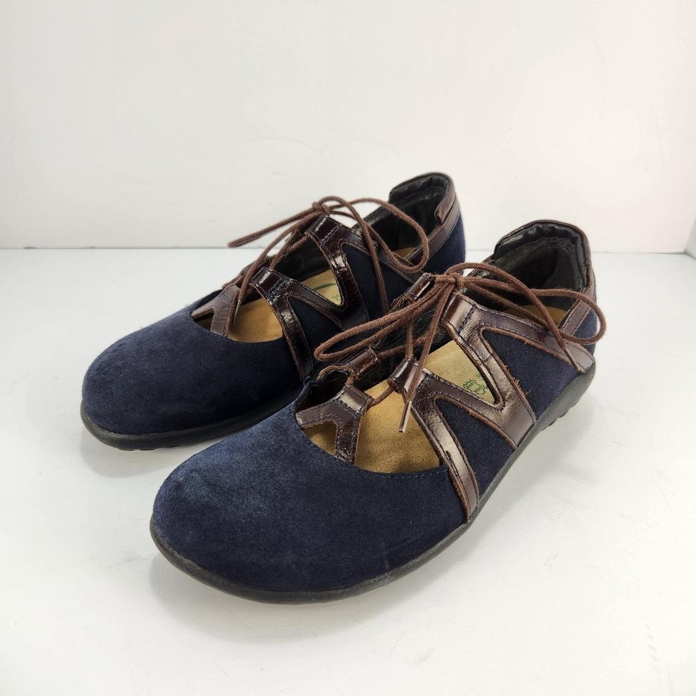 Naot Timu Women's Size 38 / US 7 Navy Blue Suede Brown Leather Lace-Up Mary Jane